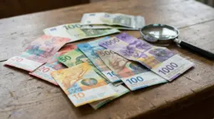 Banconote di vario taglio sparse su un tavolo accanto a una lente d'ingrandimento