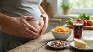 Una persona con pancia gonfia accanto a cibi che possono causare gonfiore, come bibite gassate e snack