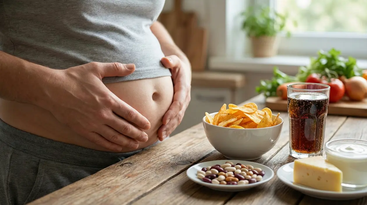 Una persona con pancia gonfia accanto a cibi che possono causare gonfiore, come bibite gassate e snack