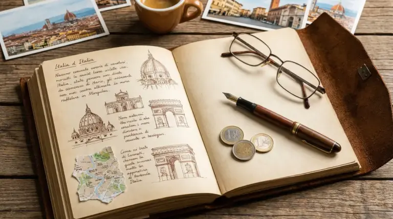 Taccuino aperto con schizzi di monumenti italiani, monete e cartoline su un tavolo in legno