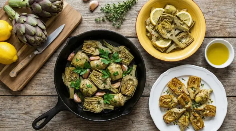 Carciofi cucinati in padella con aglio e prezzemolo su un tavolo rustico con limoni e olio