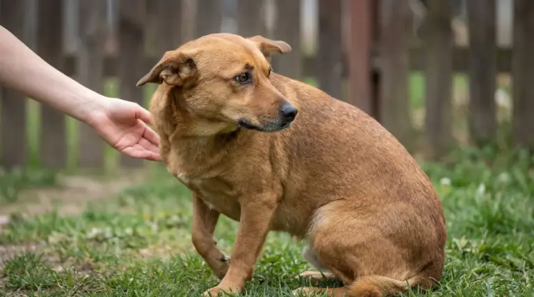 Cane dal pelo marrone appare impaurito mentre si allontana da una mano tesa