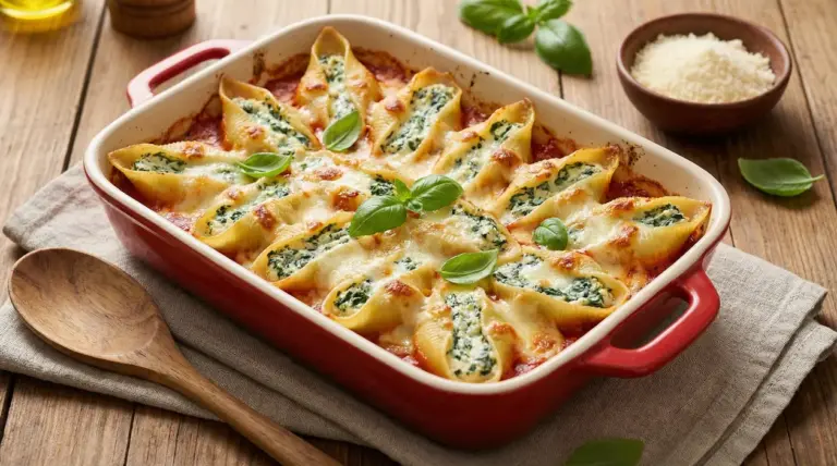 Conchiglioni ripieni al forno con ricotta e spinaci in una teglia rossa su un tavolo di legno