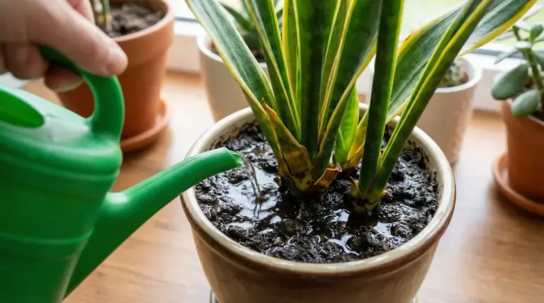 Annaffiatura eccessiva di una sansevieria in vaso su davanzale