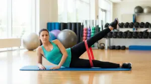 Persona che esegue un esercizio per le gambe con banda elastica su un tappetino in palestra