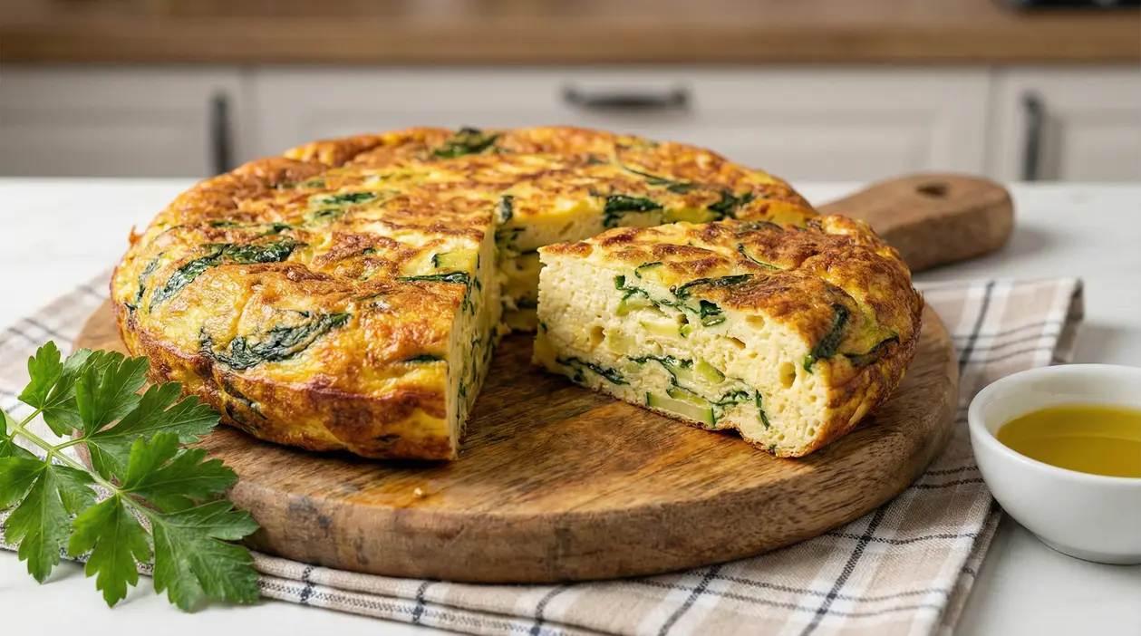 Frittata alta e soffice con verdure su tagliere di legno in cucina