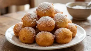 Frittelle di Carnevale dorate e soffici con zucchero a velo su un piatto bianco