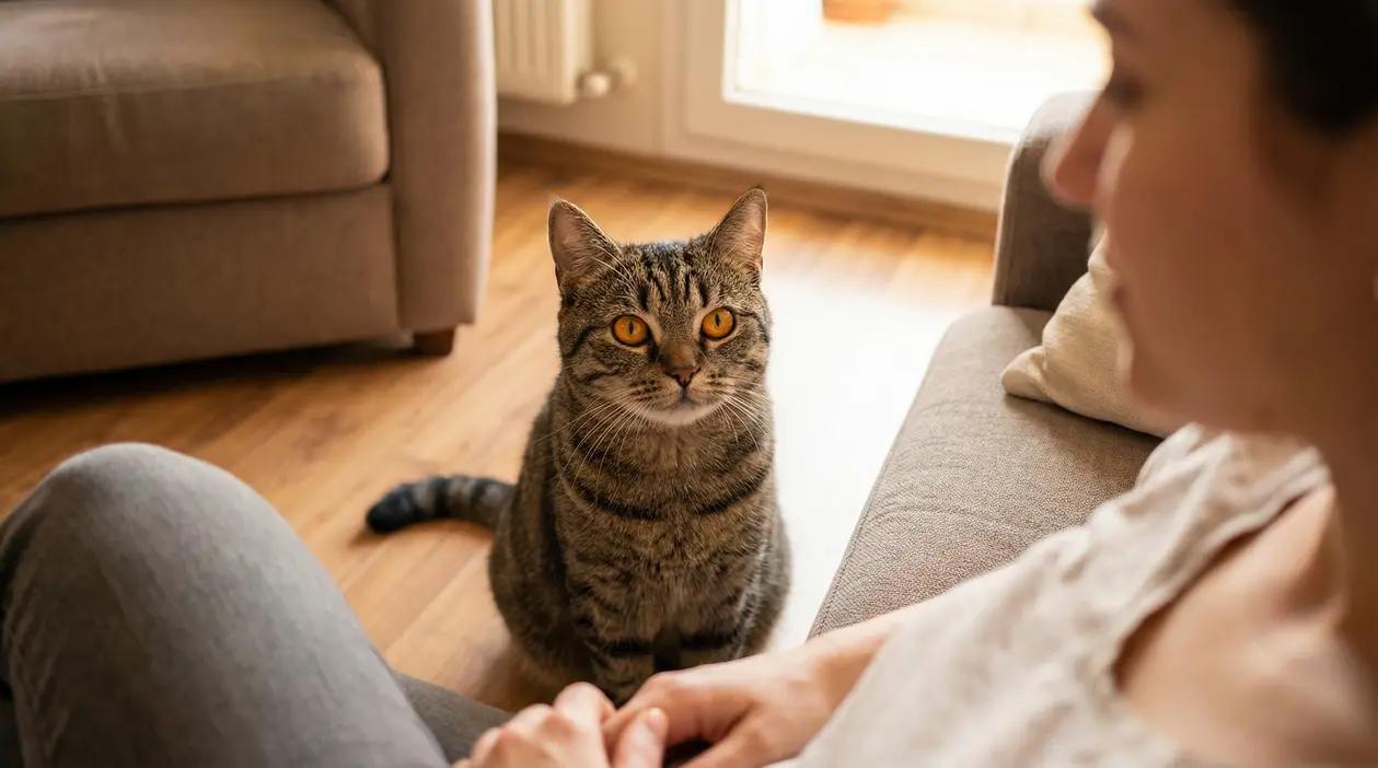 Gatto tigrato con occhi arancioni fissa una persona seduta su un divano