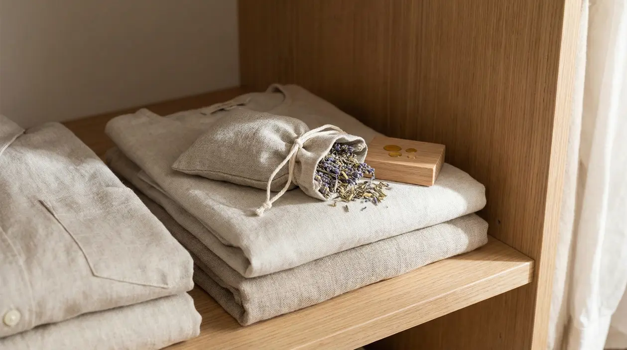 Sacco di lavanda appoggiato su biancheria piegata in un armadio di legno
