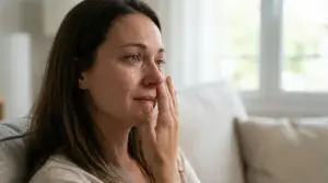 Donna seduta sul divano mentre piange con espressione pensierosa