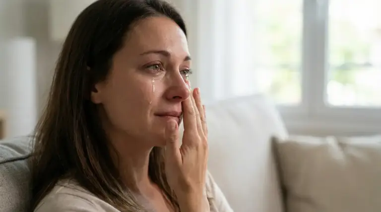 Donna seduta sul divano mentre piange con espressione pensierosa