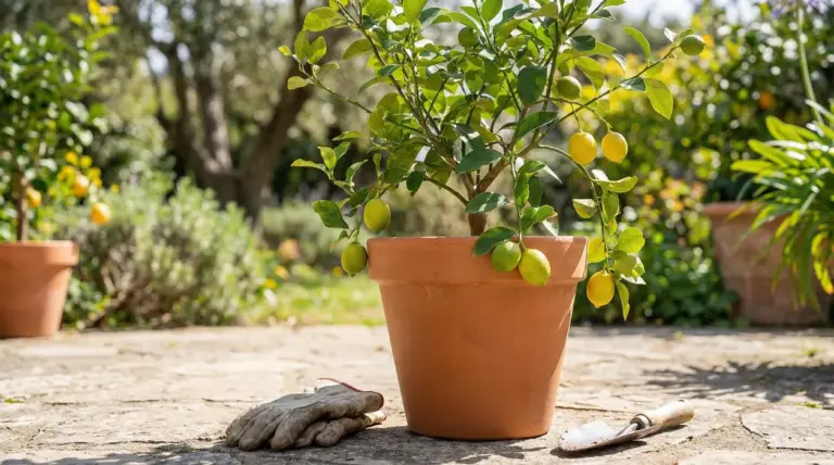Albero di limoni in vaso con frutti maturi su un patio soleggiato