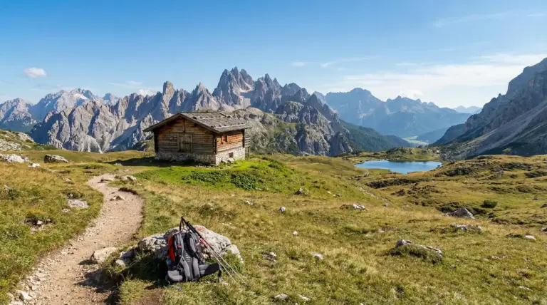 Sentiero di montagna con rifugio in legno, laghetto e vista sulle Dolomiti