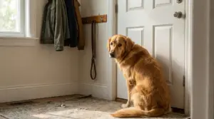 Cane seduto davanti alla porta di casa che guarda verso l'obiettivo