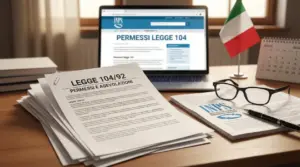 Documenti su una scrivania con riferimenti alla Legge 104 e sito INPS aperto su un laptop