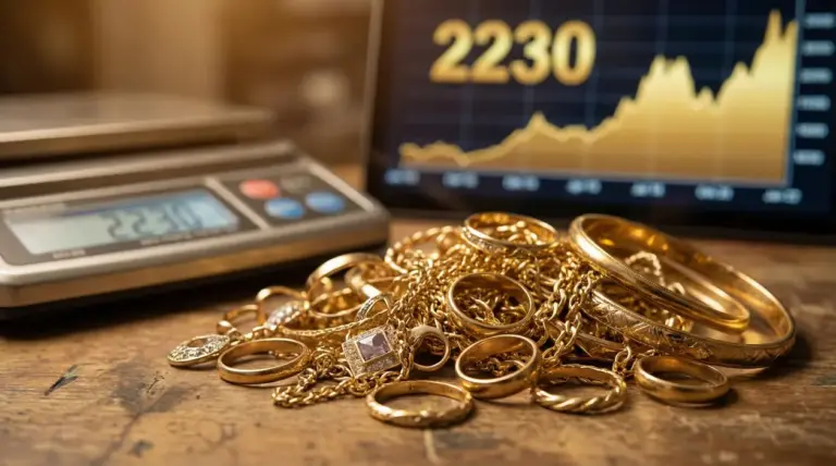 Gioielli in oro accanto a una bilancia digitale e un grafico dei prezzi su uno schermo