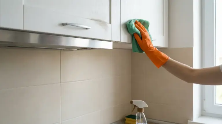 Mano con guanto arancione che pulisce un pensile della cucina con un panno verde