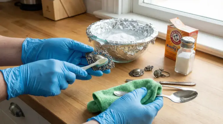 Persona con guanti pulisce oggetti in argento con bicarbonato e spazzolino
