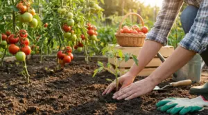 Persona che pianta una giovane piantina di pomodoro in un orto con piante mature sullo sfondo