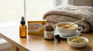 Rimedi naturali per il mal di gola su un tavolo, tra cui tisana al limone, miele, propoli e caramelle balsamiche
