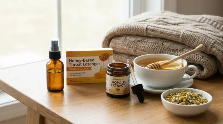 Rimedi naturali per il mal di gola su un tavolo, tra cui tisana al limone, miele, propoli e caramelle balsamiche