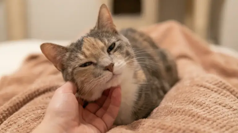 Gatto rilassato accarezzato sotto il mento mentre riposa su una coperta