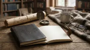 Oggetti legati all'astrologia su un tavolo in legno, tra cui un libro, una mappa zodiacale e una tazza di caffè