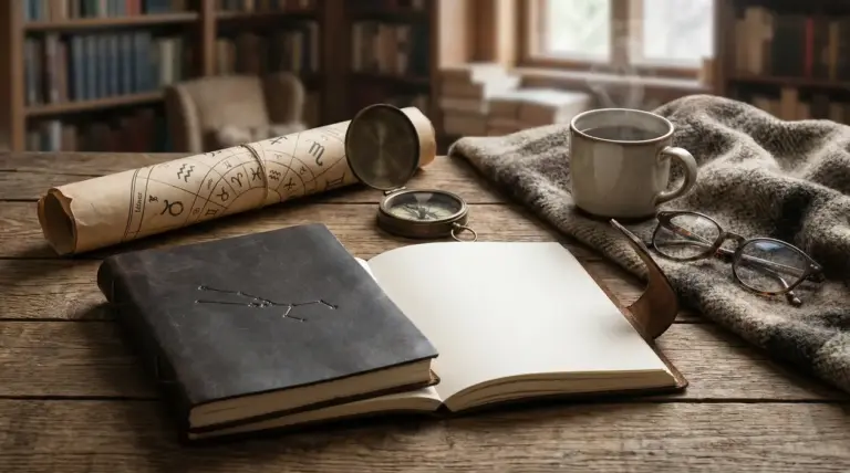 Oggetti legati all'astrologia su un tavolo in legno, tra cui un libro, una mappa zodiacale e una tazza di caffè