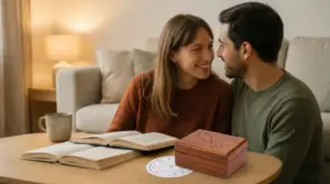 Una coppia seduta su un divano sorride mentre consulta libri e una ruota zodiacale su un tavolino