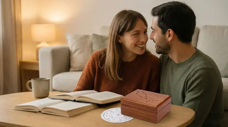 Una coppia seduta su un divano sorride mentre consulta libri e una ruota zodiacale su un tavolino