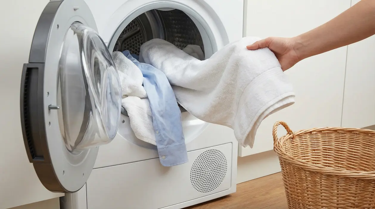 Una mano estrae panni asciutti da un'asciugatrice accanto a un cesto in vimini