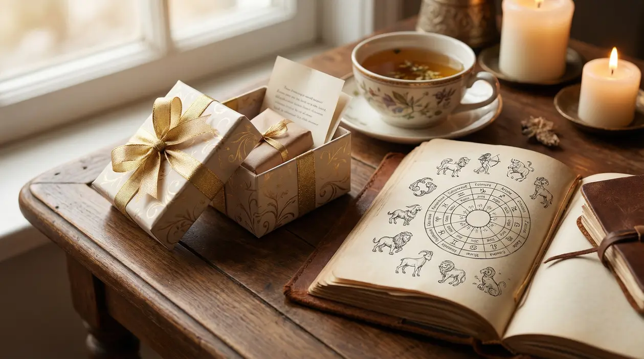 Tavolo con libro zodiacale, regalo incartato e tazza di tè accanto a candele accese