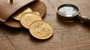 Sterline d'oro parzialmente visibili da una custodia in pelle accanto a una lente d'ingrandimento su tavolo di legno