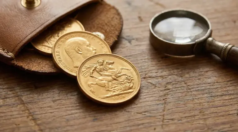 Sterline d'oro parzialmente visibili da una custodia in pelle accanto a una lente d'ingrandimento su tavolo di legno