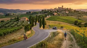 Strada di campagna tra campi di girasoli e vigneti con persone a piedi e in bicicletta