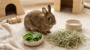 Coniglio nano seduto su una coperta accanto a ciotole di verdure fresche, fieno e acqua