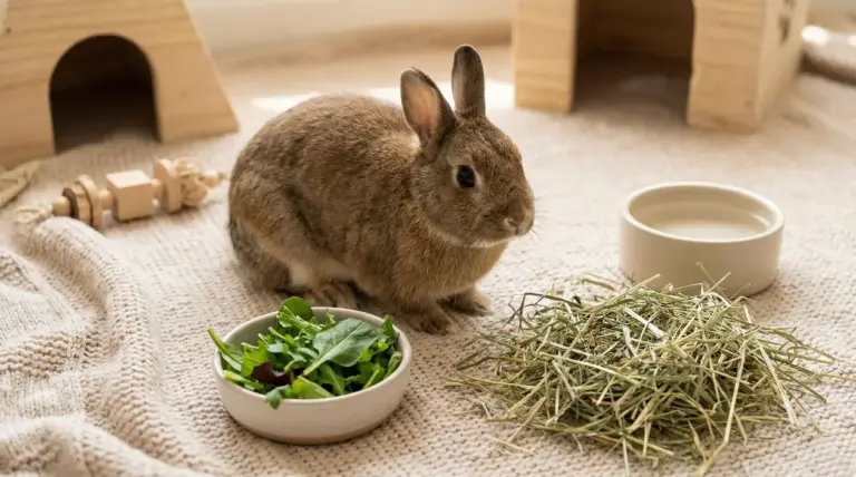 Coniglio nano seduto su una coperta accanto a ciotole di verdure fresche, fieno e acqua